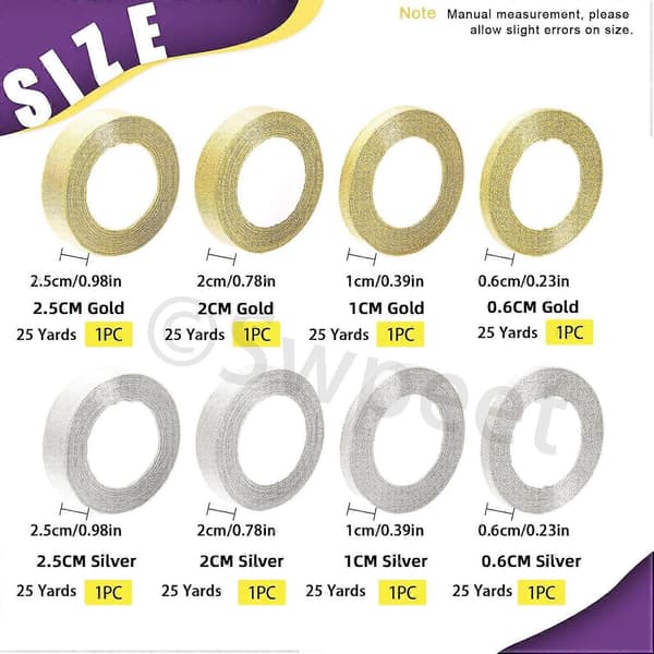 8 Rullar 200 Yard Totalt 2 Färger Glitter Silver Guld Band, Metalliskt Glitterband, Presentpappersband Ca 1/4\" 2/5\" 4/5\" 1\" Bredd för Present