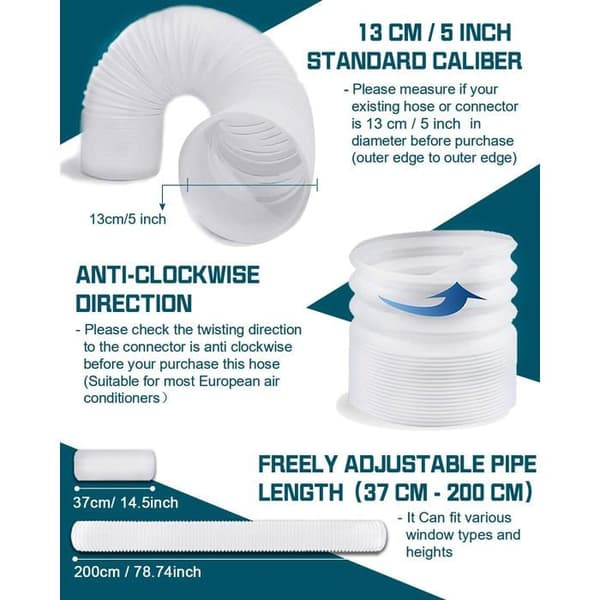 5\" (13 cm) x 2 m frånluftsslang för portabel luftkonditionering - flexibel infällbar PP, tål -20°C till 70°C