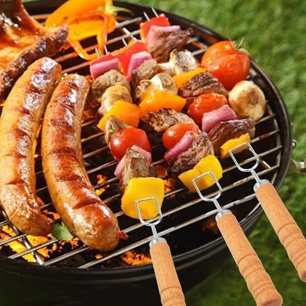 Grillspyd - Sæt med 8 - Rustfrit Stål - Dobbelt Anti-Rotationspigge - Kød og Grøntsager - 41,8 cm