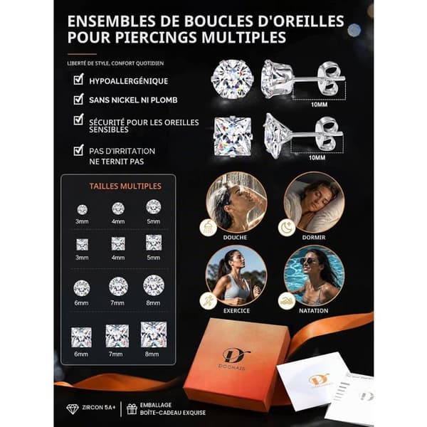 Örhängen - Set med 12 par - Rostfritt stål - Cubic zirconia - Unisex - Allergivänliga