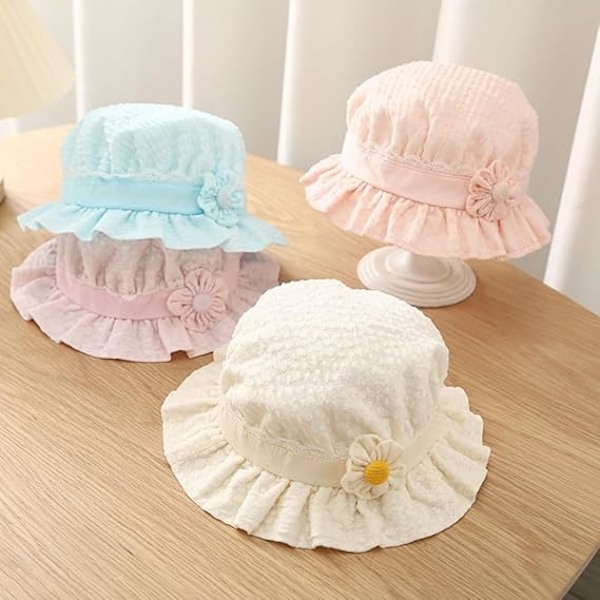 Solhatt för babyflickor, blomspetsbroderi sommar UPF50+ bredbrättad bucket-hatt semester strandhatt med elastiskt hakband