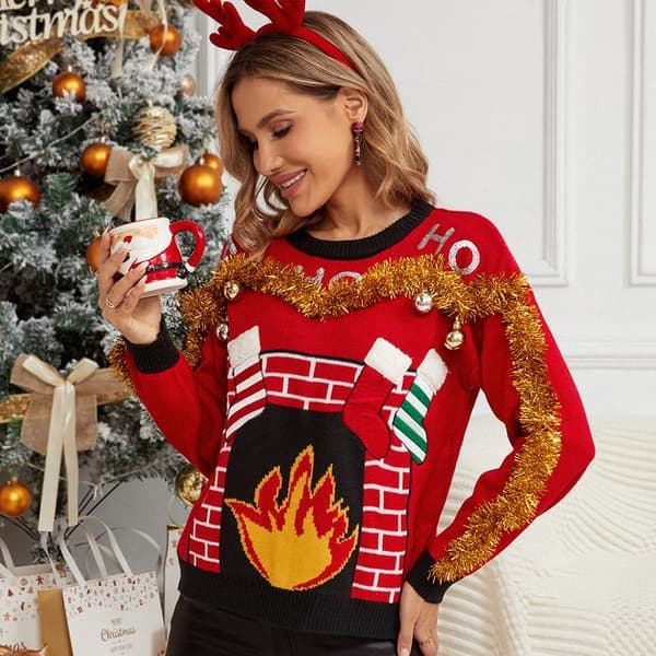 Höst och vinter Ny Casual Jul Röd Tröja Pullover Kvinnlig Broderade Bokstäver Jul Stickad Tröja Red Christmas sweater L