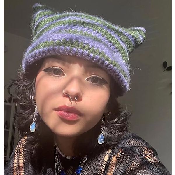 Damernas Kattmössa i Stickad Kroka med Öron Stickad Vintervarm Elastisk Hatt Slouchy för Flickor Vuxna Barn Purple