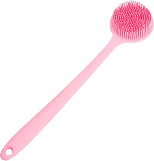 Ryggskrubber for dusj, myk silikon badebørste med langt håndtak Pink