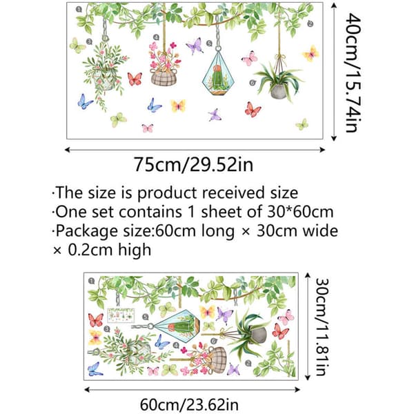 Fjärils- och blomfönsterdekaler, gröna växtväggdekaler, dekorativa dekaler för badrum, kök, barnrum
