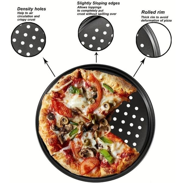 Pizzapanne, sett med 4, rund, perforert, non-stick, flamme-mønstret, stål, form, ∅ 32 cm, antrasitt