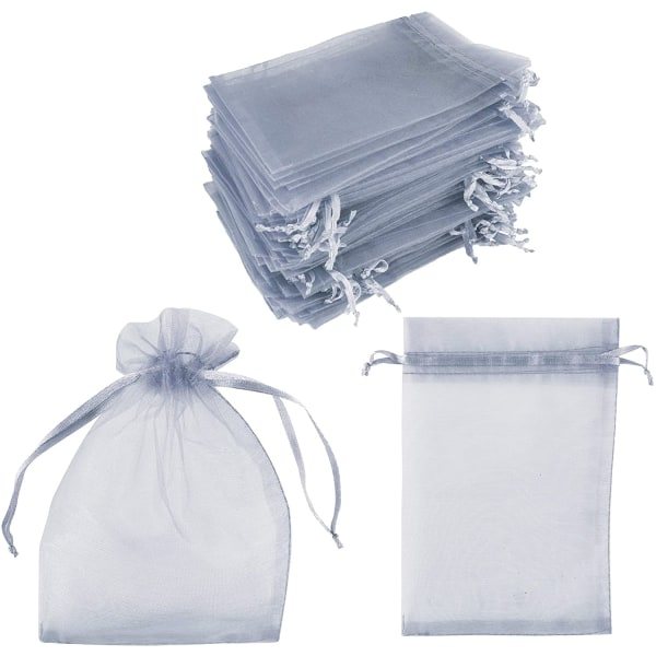 Små gaveposer med snøre Organza Grå 25-pak 7x9 cm