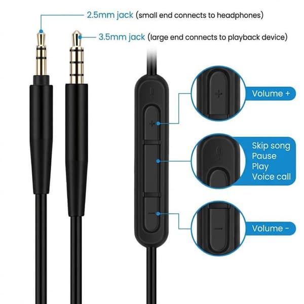 3,5 mm til 2,5 mm lydkabel - 1 enhed - Flettet nylon - Indbygget mikrofon - Til Bose JBL hovedtelefoner - Sort