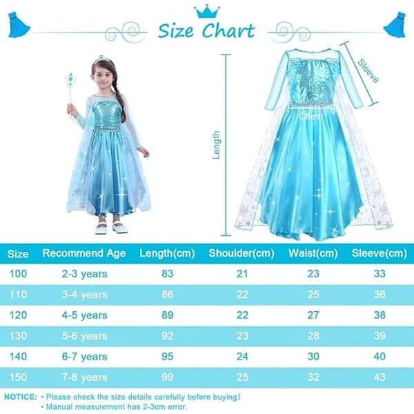 110 cm Kostume til piger, 9 dele, ELSA kjole til børn med krone, tiara, handsker og tryllestav til jul, karneval