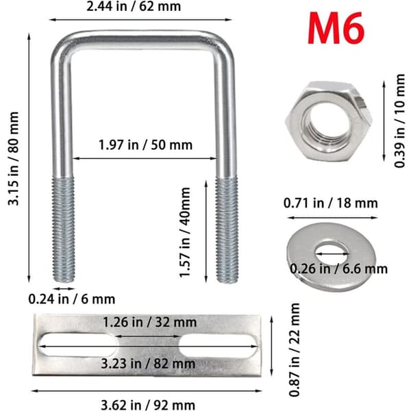 Delar U-bultar M6 U-bult 80 x 50 mm, U-bult i rostfritt stål med mutter och brickplattor, klämbultar för rörfixering