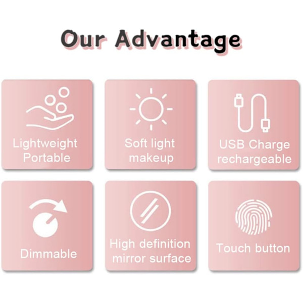 Makeup Spejl med LED Lys, Genopladeligt Touch Dæmpning Bærbart Bord Spejl, 3 Farve Lysstyrke Justerbar (Rund)