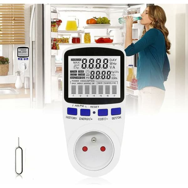 Wattmeter Plug-in Energimålerpakke, Dobbelt Takstmåler, Strømforbrugsmåler Plug-in, Elforbrugsmåler med 7 Tilstande og LCD