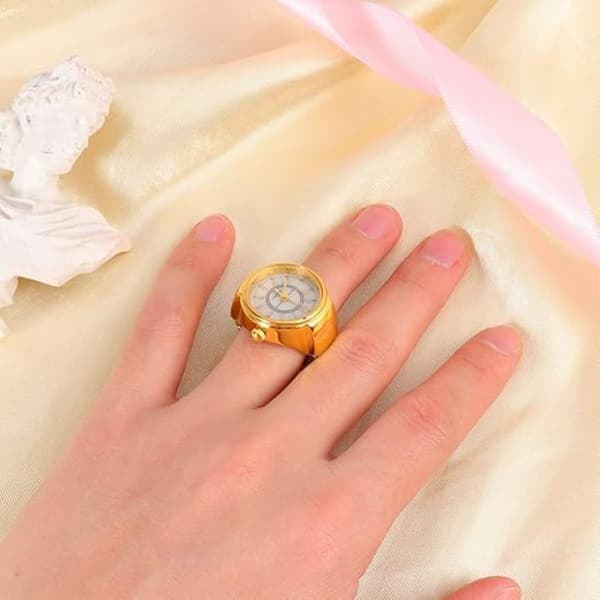 Ringklokke Kreativ Elastisk Rund Kvarts Fingerring Klokker for Damer Jenter Kvinner Menn - Gullfarget