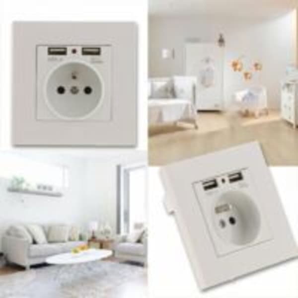 Veggmontert stikkontakt med doble USB-porter - Lader for iPhone/Android (fransk plugg)