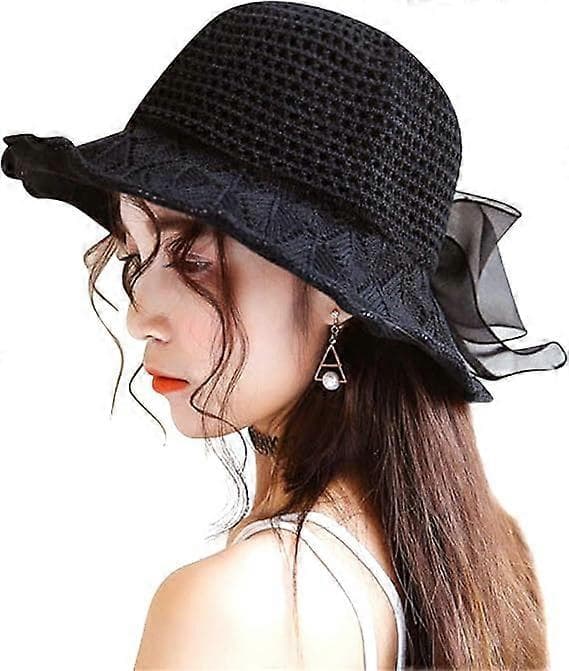Dame Bowknot Strå Bucket Hat Floppy Bred Skygge Solskærm Hat UV Beskyttelse Sommer Mesh Strandhat, Sort