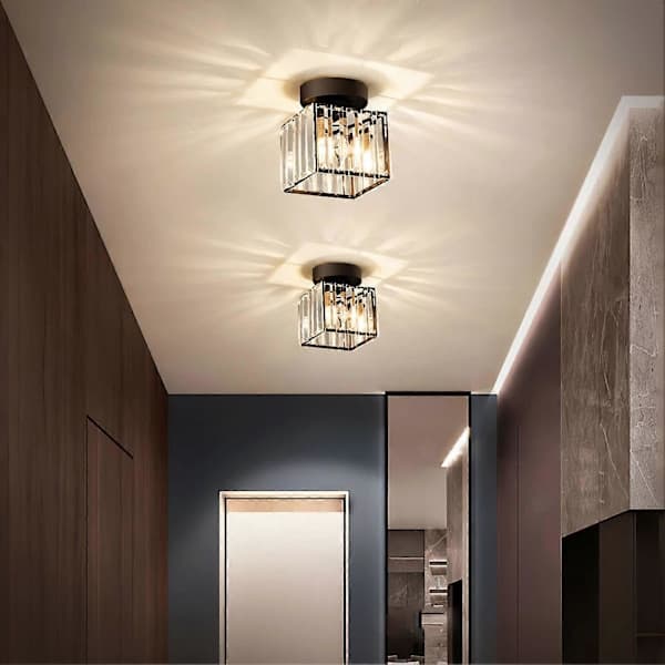 Moderne krystal loftlampe til entré, E27 mini krystallysekrone, LED loftlampe firkantet lampeskærm (sort)