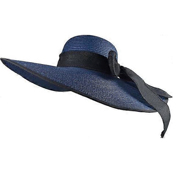 Bredskygget Fedora Hat til Kvinder Bæltespænde Retro Panama Floppy Hat Navyblue