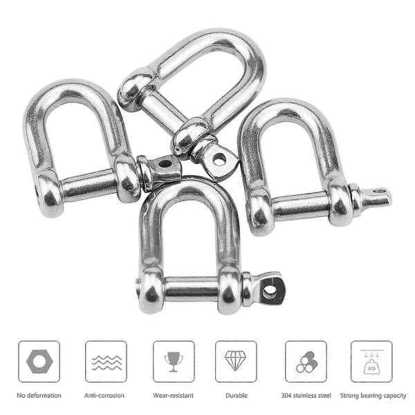 4 st D-schackel M8 D-länkar Krok Schackelklämma 304 Rostfritt Stål D-ring Schackellås Skruvschacklar för Tung Rigging, Dragning, Camping