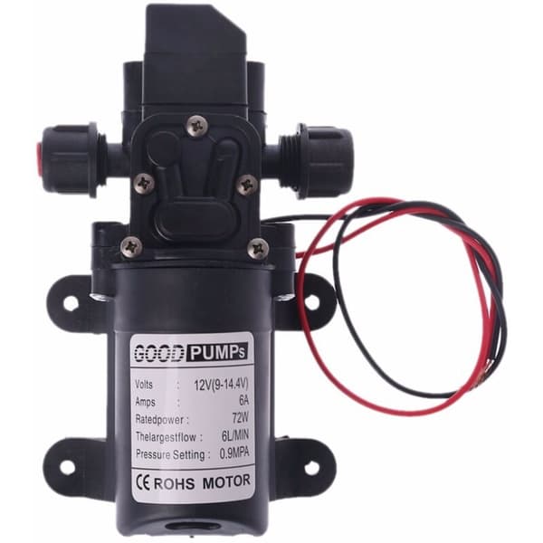 12V 6A 72W Högtrycksmembranpump, 6L/min flödeshastighet, 1-2m sughöjd, 70m pumphöjd, termiskt skydd