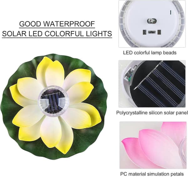 Solcelle Dam Lys, Flydende Lotus Blomst Solcelledrevet Pool Lys Have Dam Solcelle Lily Blomst Lys Lotus Light (Yellow)