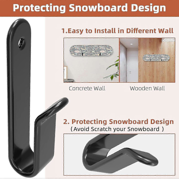 Horisontale vægmonteringsclips til snowboard, snowboard vægstativ, snowboardmontering, opbevaring, snowboard display vægholder til værelse - MMIAO 4pcs