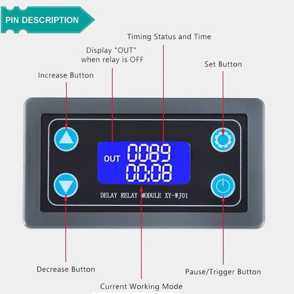 DC 6-30V Tidsforsinkelsesrelæmodul med LCD-display, justerbar digital timer (0,01s-9999min), beskyttelse mod omvendt fejl