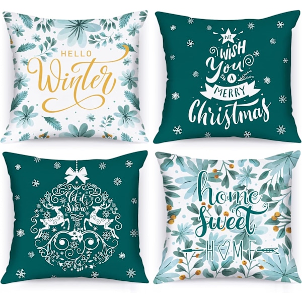 Vinter Glad Jul Kuddfodral 45x45 Set om 4, Dekorativa Teal Jul Kuddfodral Kuddfodral