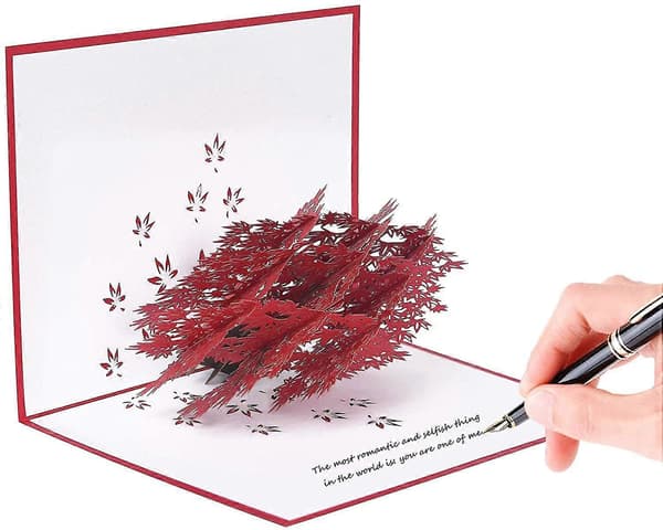 3D-kort, popup-kort med blomstrende rød lønn, 3D-julekort med konvoluttgave