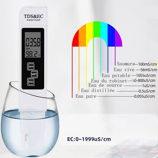 TDS EC 3-i-1 Digital Vandkvalitetstester med LCD-display, Temperatur- og Konduktivitetsmåling (0-9999 PPM), Drikkevandskvalitet