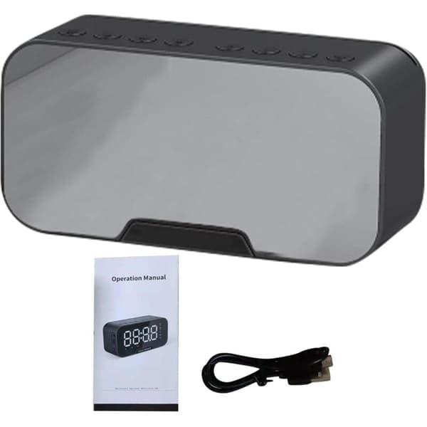 FM digital vekkerklokkeradio med USB-ladeport, LED-skjerm, slumrefunksjon, bærbart speil, trådløs Bluetooth-høyttaler