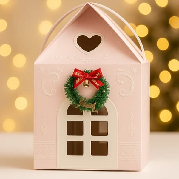 Julunderland Stuga Presentförpackning, Husformad Presentförpackning - Idealiska Presenter och Lyx för Hemmet - Röd Jul Pink