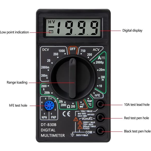 Profesjonelt digitalt multimeter, kontinuitetstester, voltmeter, amperemeter, ohmmeter, DC spenningstester, motstandstester