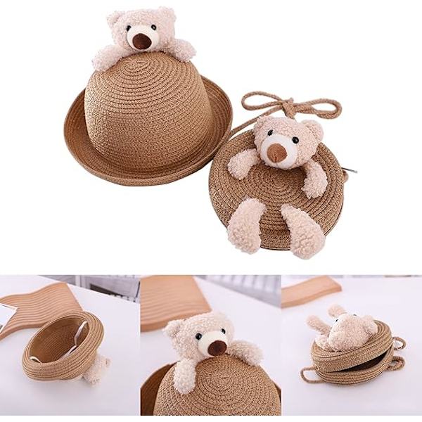Aurinkohattu, käsinkudottu olkihattu käsilaukulla, aurinkohattu lomille, jossa on karhuhattu crossbody-laukku tytöille, beige