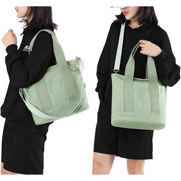 Multi-Pocket Tote Bag med dragkedja, Canvas Handgjord Handväska med fack, Multifunktion Satchels Bag för kvinnor Damer Univisity Skola Arbete Resor Green - Medium