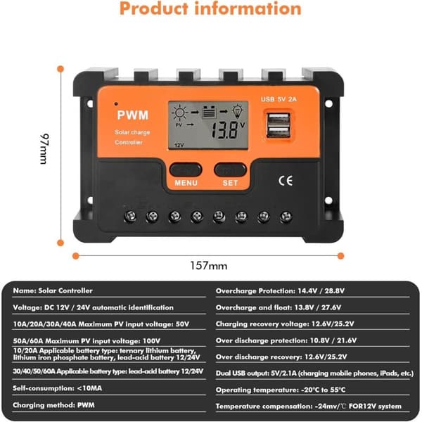 30A 12V/24V Solar Charge Controller PWM Solar Charge Regulator Dobbelt USB-udgang Solpanel Regulator til Gel, Forseglede, Våde og Lithium Batterier