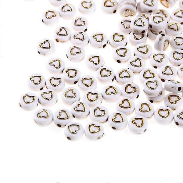 500 stk. 7x4mm Hvide Akryl Perler Guld Hjerte Pony Perle
