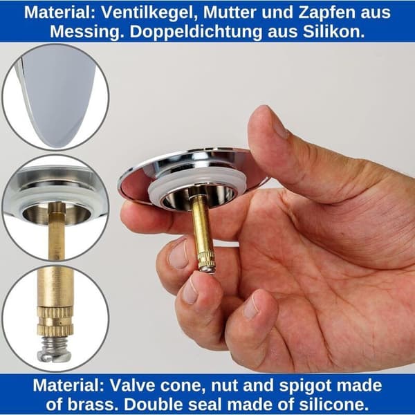 Universal badekarprop, 70 mm diameter, forkromet afløbsprop med innovativ dobbeltforsegling, afløbsfitting til ethvert standard badekar