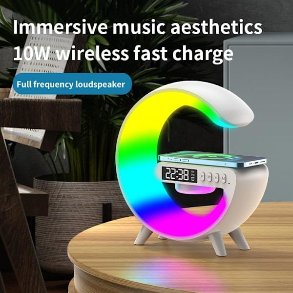 2024 Ny Multifunktionell Bluetooth-högtalare, Färgglad Atmosfärslampa, Trådlös Laddning och Väckarklocka, Sänglampa med Laddning Vit