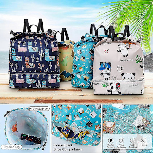Svømmebag Våt og Tørr Separasjon Justerbar Vanntett Tegneserie Print Barne Ryggsekk Strandveske Utendørsutstyr Kaesi Blue Large