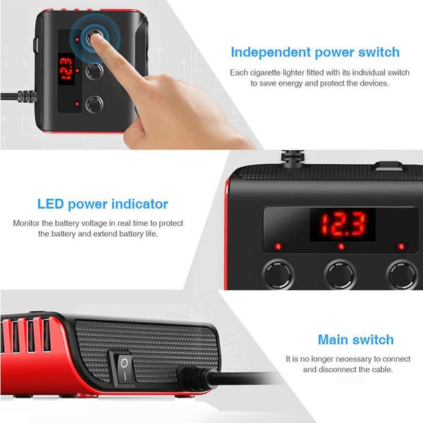 Bil cigarettænder oplader splitter base 120W cigarettænder adapter med 4 USB-porte, separat kontakt, spændingsindikator til telefoner