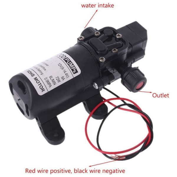 12V 6A 72W Högtrycksmembranpump, 6L/min flödeshastighet, 1-2m sughöjd, 70m pumphöjd, termiskt skydd