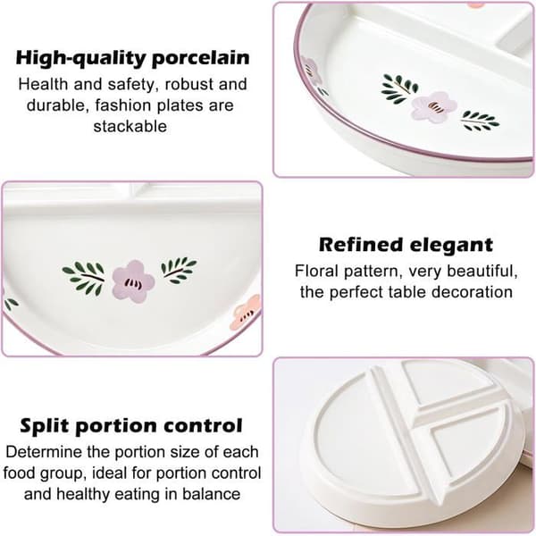 Delad tallrik - Set om 2 - Keramik - 3 sektioner - portionskontroll - 20,5 cm