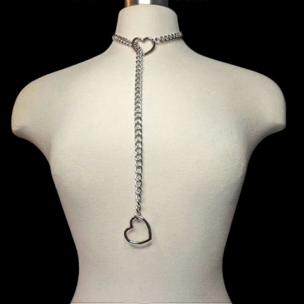 Hjärtformad O-ring Slip Chain Halsband för Kvinnor Rostfritt Stål Kubansk Kedja Hjärtformad Halsband Punk Rock Krage Halsband Handgjort Justerbart Lariat Y Halsband- Silver