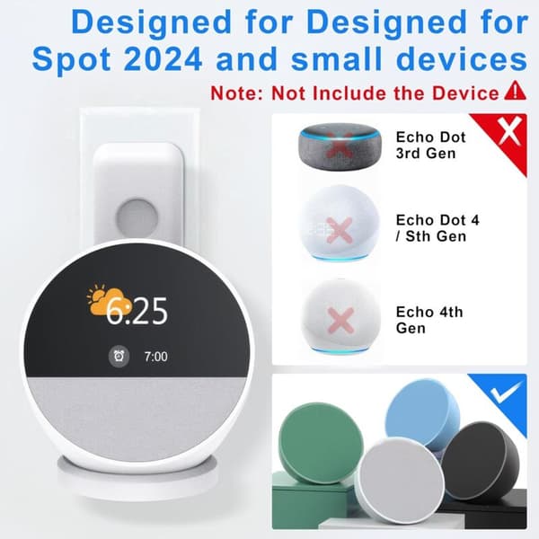 Veggmontert stikkontaktholder for Echo Spot - Google høyttalerholder - Integrert kabelhåndtering - Veggfeste - Borefrie tilbehør
