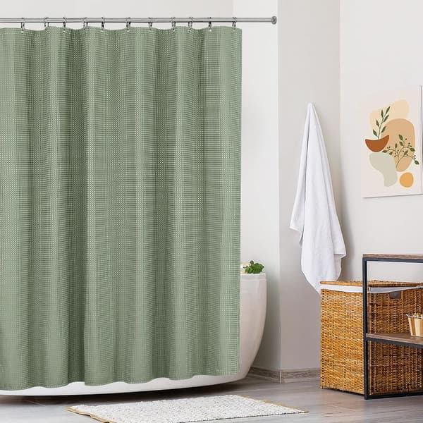 Vaskbart dusjforheng i polyesterstoff med 12 vanntette dusjforhengringer for dusj og badekar, 180 x 200 cm, preget grønn