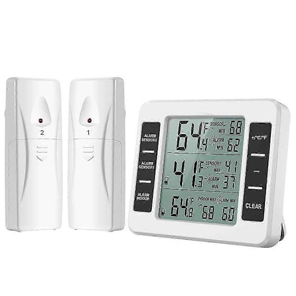 XHX Kjøleskapstermometer, Digitalt Alarm Frysetermometer, Trådløst Innendørs Utendørs Termometer med 2 Sensorer