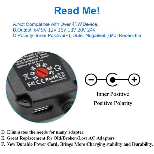 41W Universal AC/DC Strømadapter 6V 9V 12V 15V 18V 20V og 24V med 8 valgbare adapterstik, 123 cm ladekabel