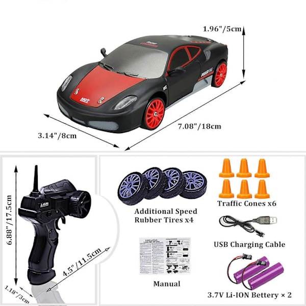 RC Driftbil, 15 km/t, ripebestandig, lett, oppladbar, lav friksjon, fjernstyrt bil Black