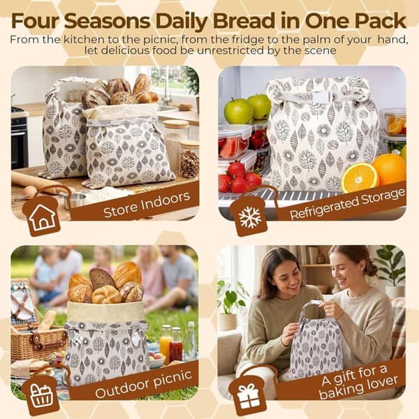 Brödpåsar - 2 delar - Bomull och bivax - Spänne - Förvaring av hembakat bröd - 43x