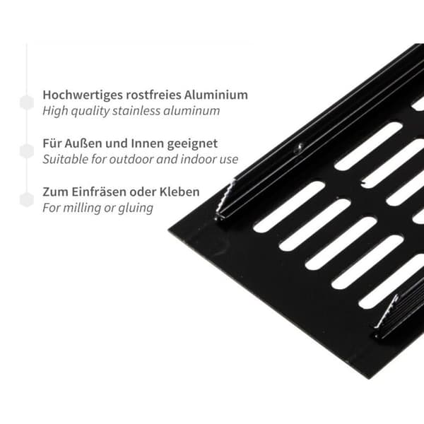 Firkantet ventilationsrist 600 x 80 mm Sort eloxeret aluminium Luftpassage 71 cm² Hurtig installation til opvarmning og ventilation